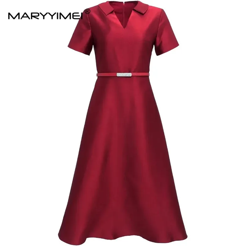 

MARYYIMEI Fashion Design Spring Summer Women's V-Neck Short-Sleeved Lace-UP High Waisted Slim Solid Color Commuter Dresses