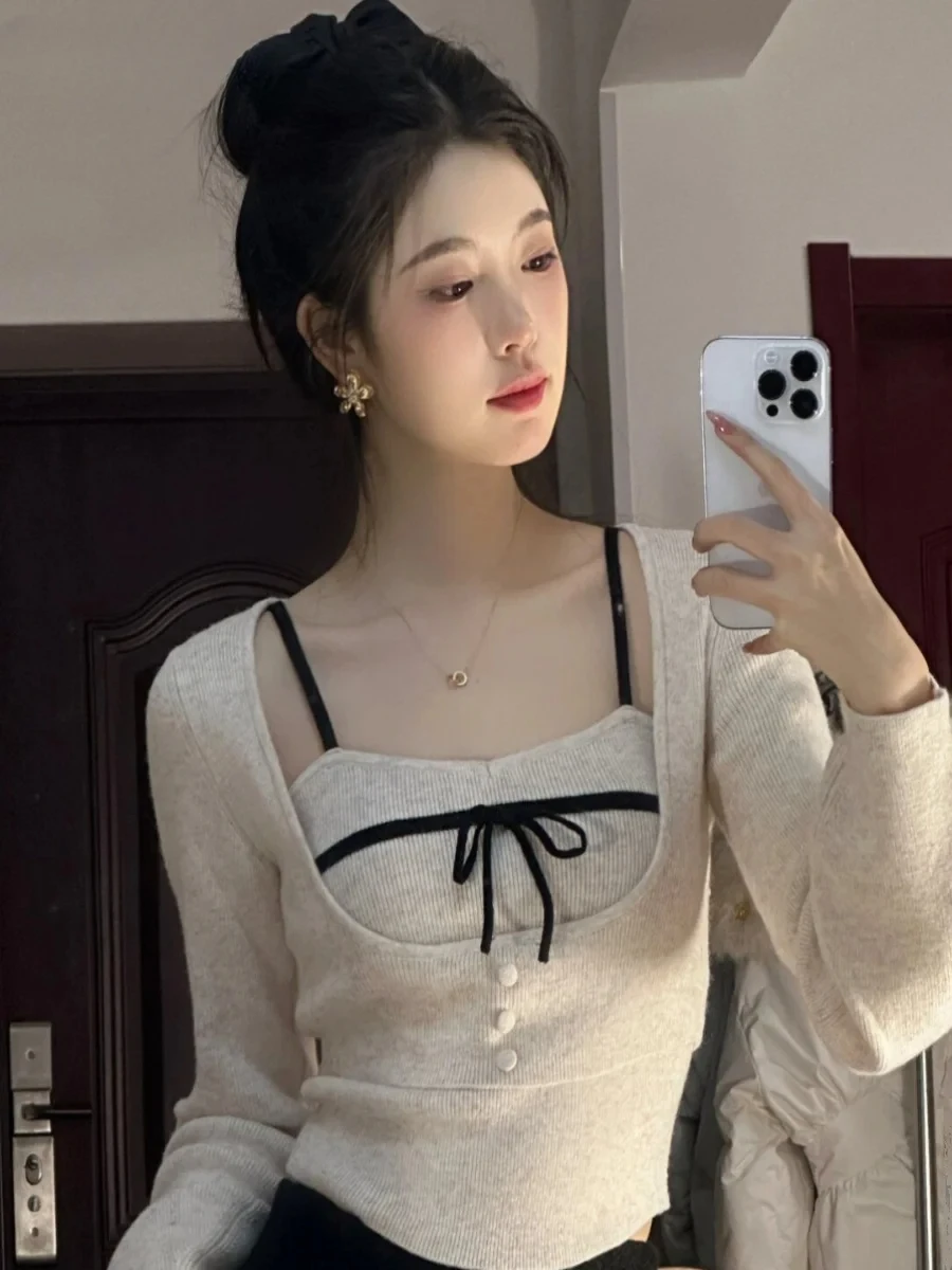 Casual T-shirts Women Autumn Layered Bottoming Long Sleeve Tops Patchwork Ulzzang Hot Girls Sexy Pure Lust High-end Slim Chic