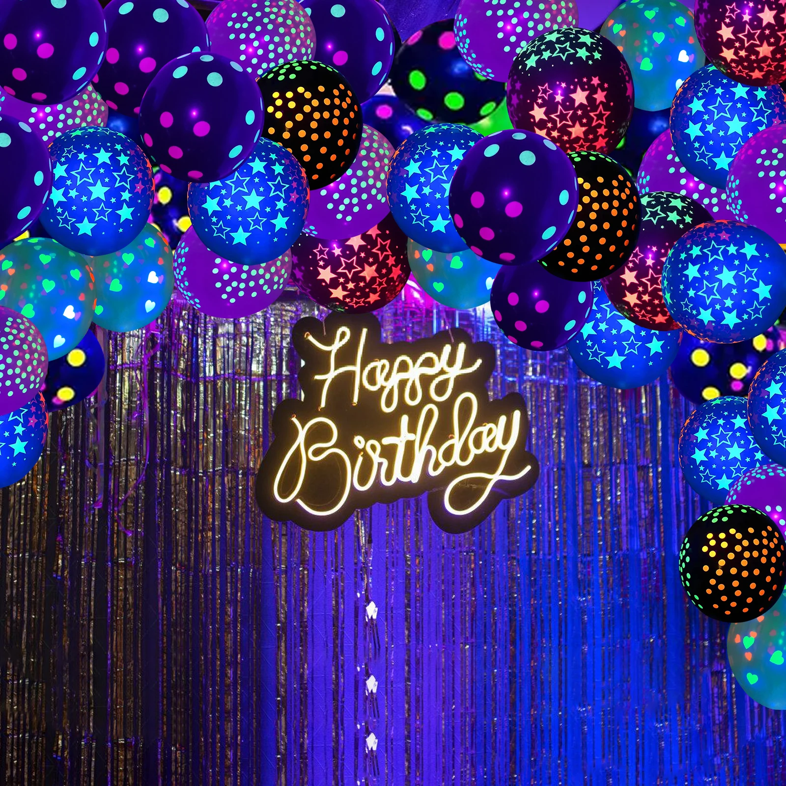 50 قطعة من بالونات النيون المتوهجة مقاس 12 بوصة، بالونات سميكة، بالونات مطبوعة لعيد الميلاد السعيد بنقاط النجوم، تتوهج في ضوء الأشعة فوق البنفسجية الفلورسنت La