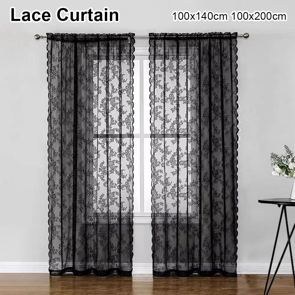 

1Pcs Floral Embroidered Lace Curtain 100x200cm Black Sheer Curtain Polyester Rod Pocket Window Drape Shades
