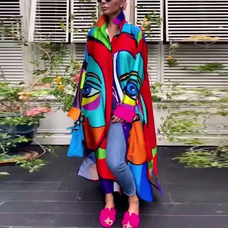 

Осень 202, женский лоскутный свободный женский повседневный уличный костюм с принтом, сексуальный женский кардиган, рубашки с рукавами, длинное платье
