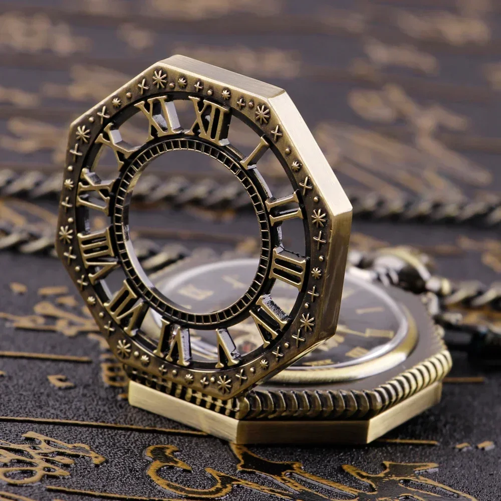 Reloj de bolsillo mecánico Hexagonal clásico Retro, cadena FOB Steampunk, esfera romana, esqueleto, reloj de bolsillo de acero hueco dorado para hombre