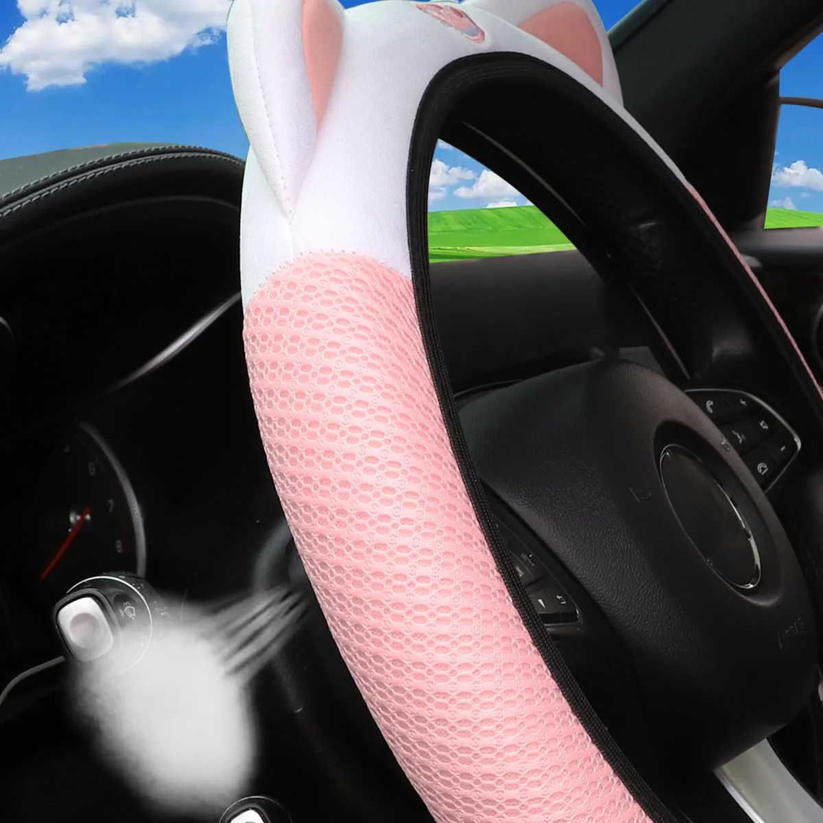 Cute Cat 3-Piece Car Accessory Set for Women Breathable Mesh Steering Wheel Cover Handbrake Cover Gearshift Cover Rimless