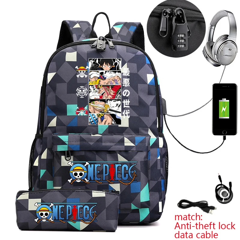 Mochila Escolar Casual Antirrobo con Estampado de Anime de One Piece Luffy, con Estuche para Lápices, para Niños y Niñas