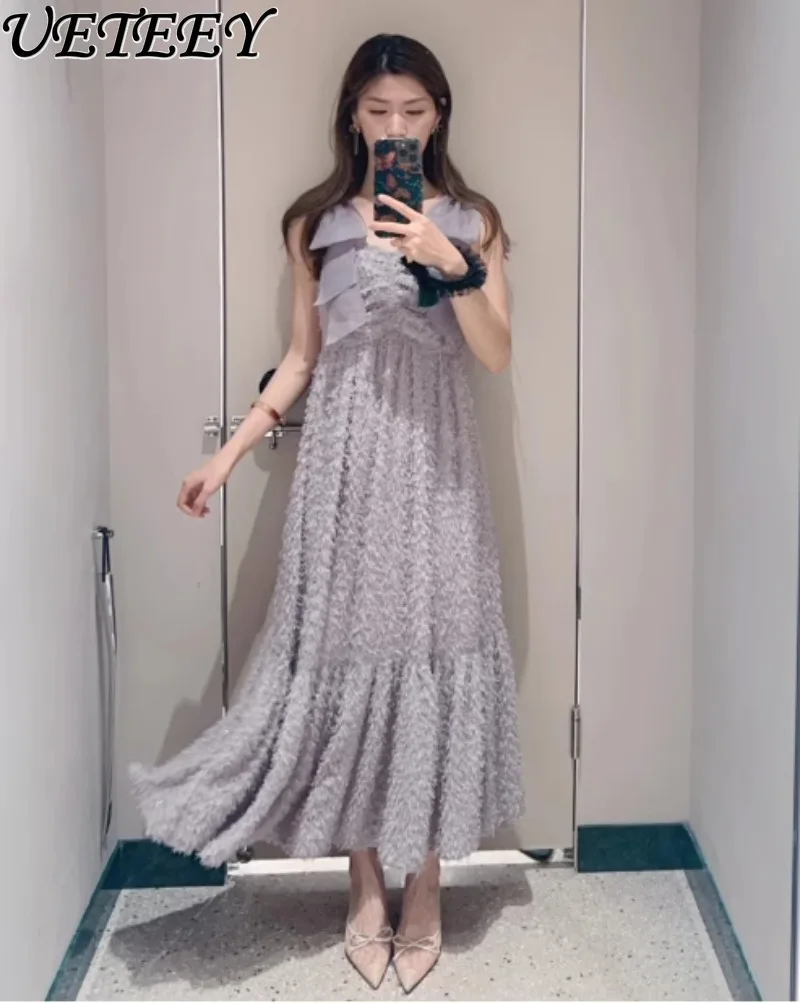 Verão novo produto férias arco cinta peludo delicado maxi vestido temperamento doce meninas fada sem mangas vestidos longos
