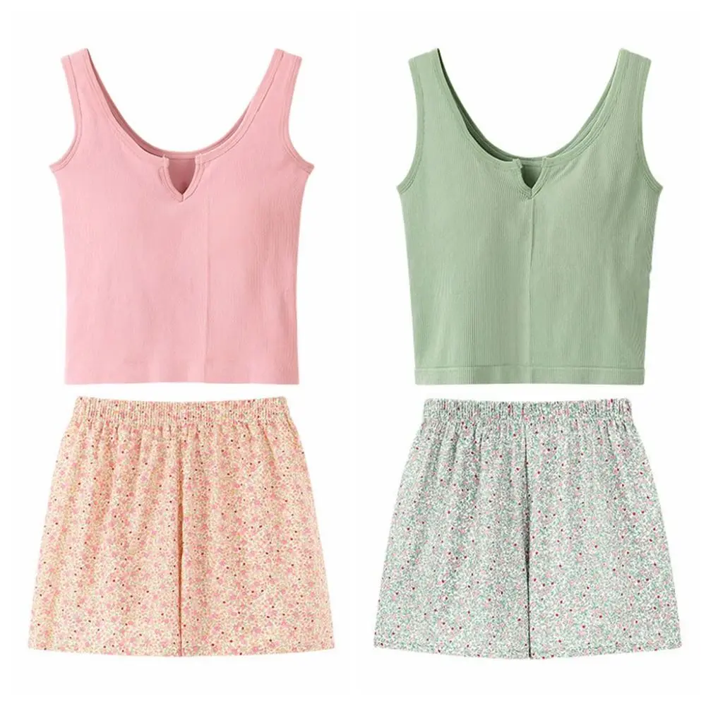 

Fashion Plaid Floral Striped Pajamas Sleeveless V-neck Shorts Camisole Suit Sweet Home Clothes Women's Summer Sleepwear Female