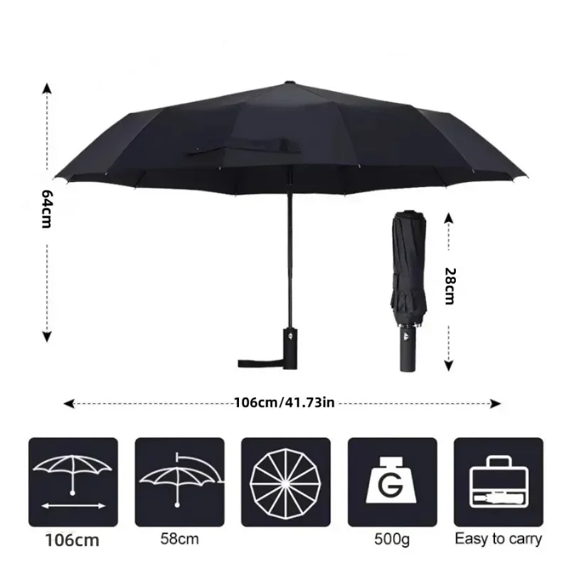 Large 106cm Auto Open Close Folding Umbrella with 24 Bones, Dual-use Rain Sun Shade Umbrella for Outdoor Travel