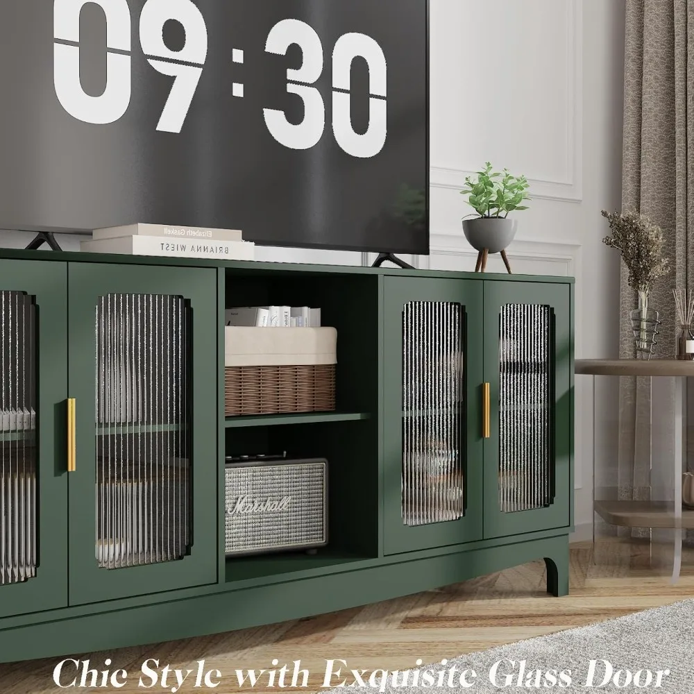 حامل تلفزيون أخضر مقاس 65 بوصة لأجهزة التلفاز حتى 70+ بوصة، طاولة وحدة تحكم تلفزيون بباب زجاجي حديث لمنتصف القرن، مركز ترفيه مع مساحة تخزين #3