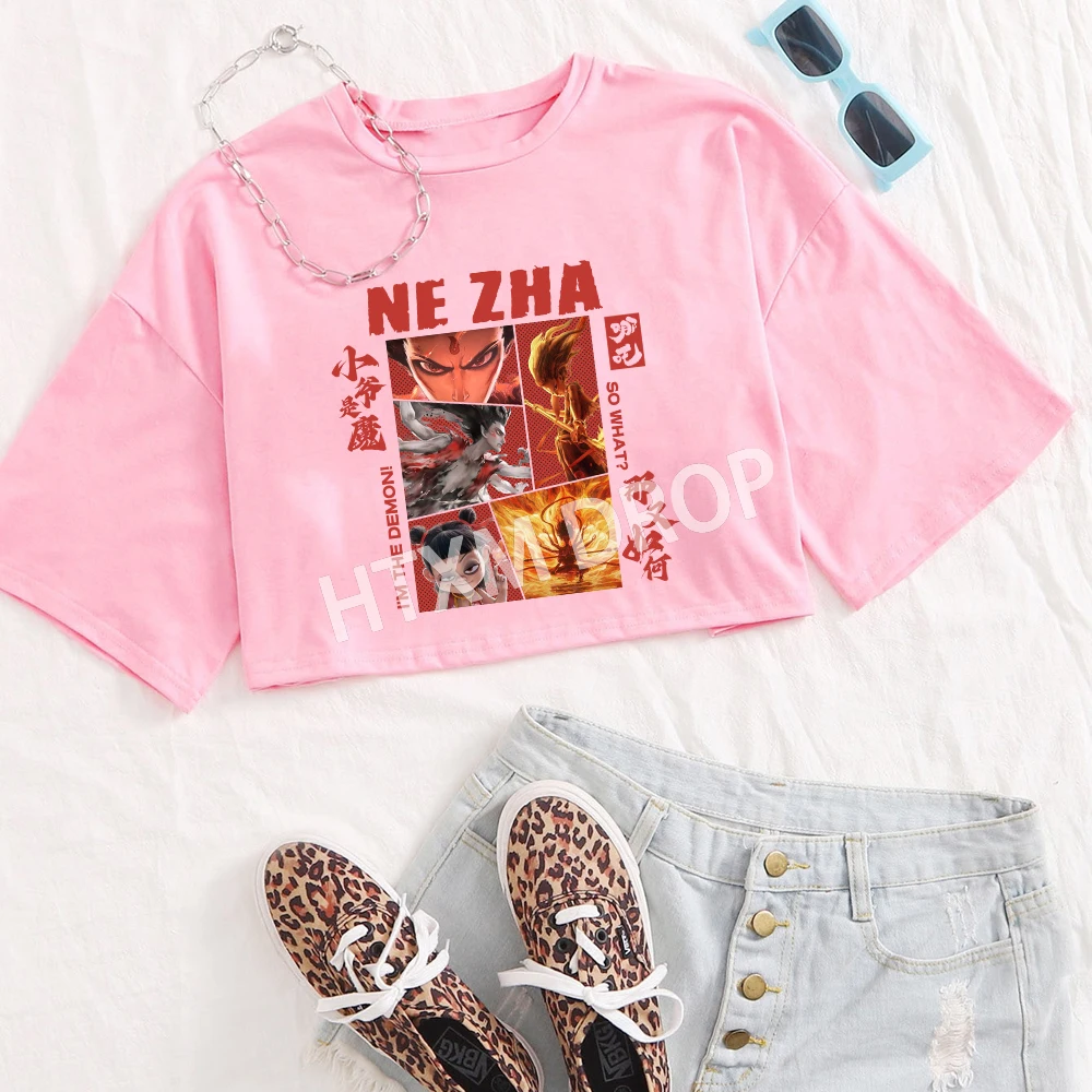 Ne Zha Nezha Comic NeZha 2 Meninas O-pescoço Casual Mulheres Camisas Crop