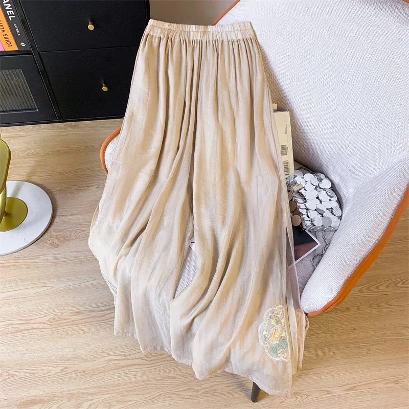 

Women's Linen Blend Wide Leg Pants Elastic Waist Embroidered Loose Trousers