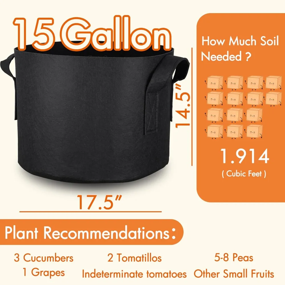 10-Pack 15 Gallon Fabric Grow Bags with Handles, Heavy Duty Nonwoven, Excellent Drainage & Breathability for Vegetables & Flowers