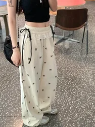 College Chic Niedliche Schleife Knoten Voll Bedruckte Hose Weiße Spitze Patchwork Süße Damen Freizeithose Sommer Lose Gerade Lange Hose