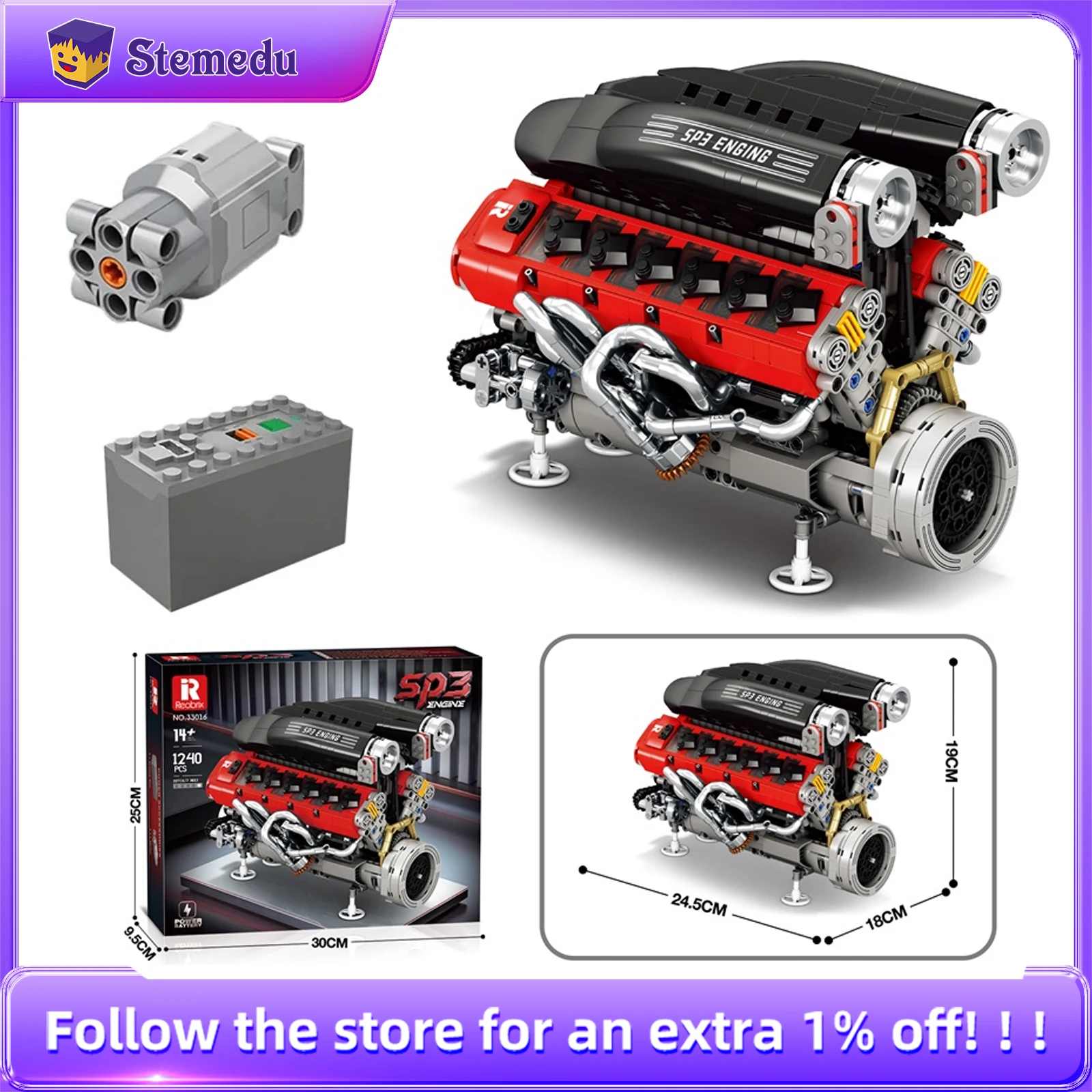Blocs de construction de moteur de voiture de sport MOC Technical SP3, 1240 pièces, briques à assembler, ensemble de modèles de jouets pour enfants, cadeau d'anniversaire