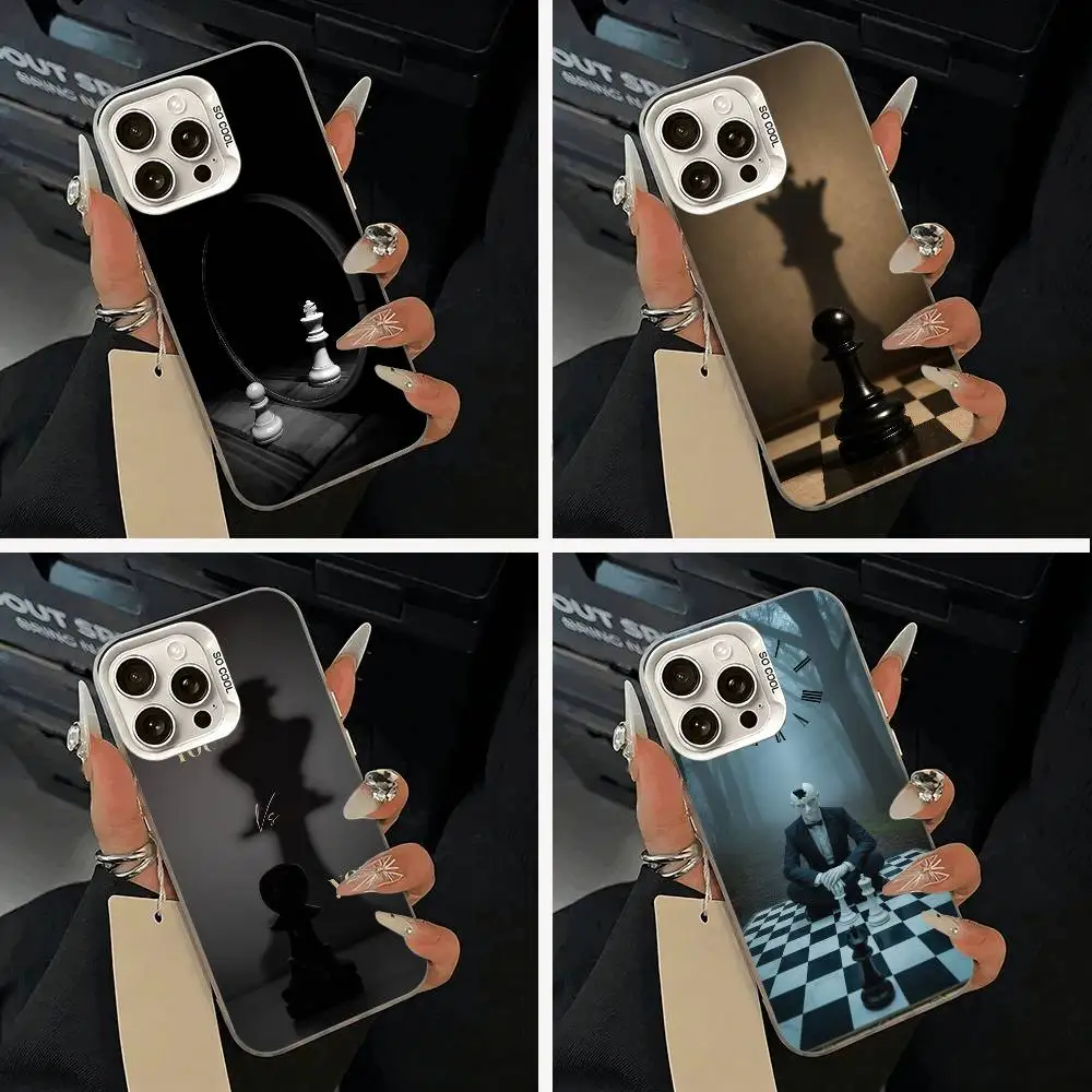 

Cool- Chess Art Phone Case For iPhone 11 12 13 14 15 16Pro Max Plus white Sliver Phone Cover