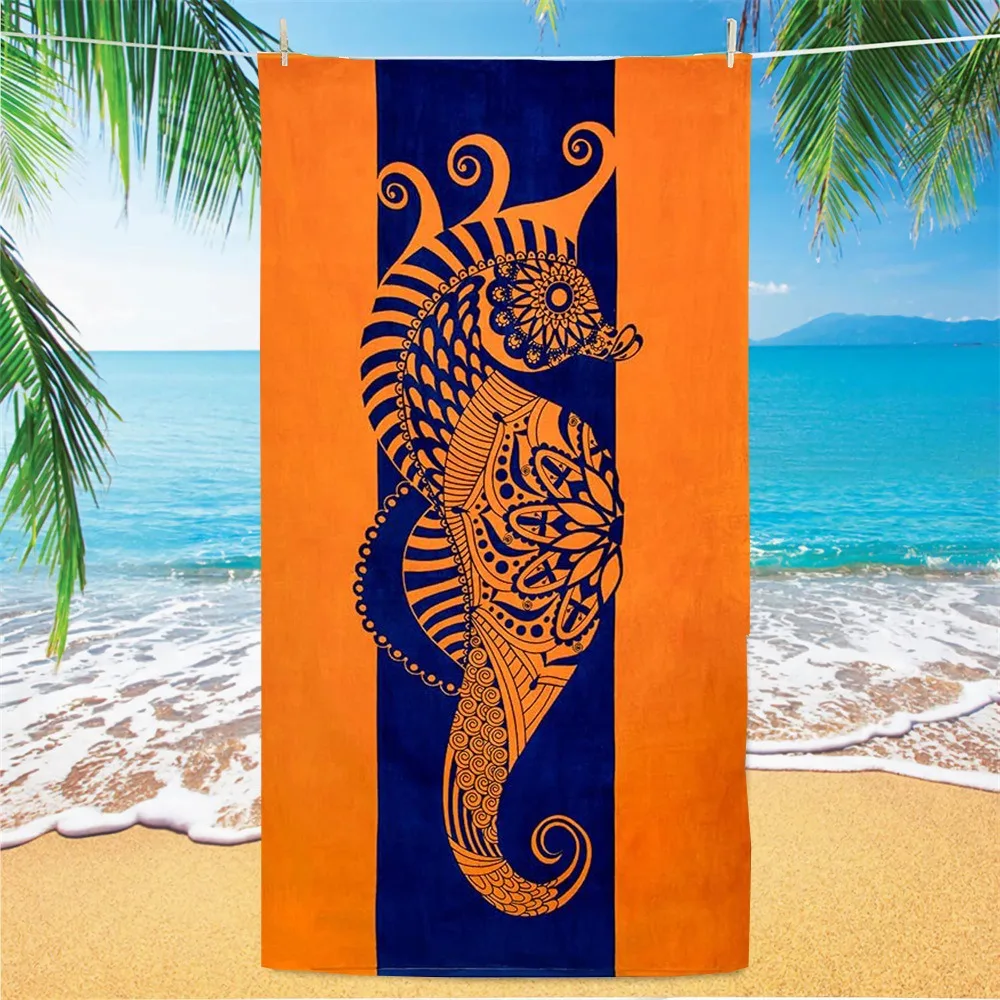 Пляжное полотенце Mandala Seahorse, оранжево-синее, из полиэстера, быстросохнущее, для лета, моря, бассейна, без песка, для путешествий, уличное покрывало