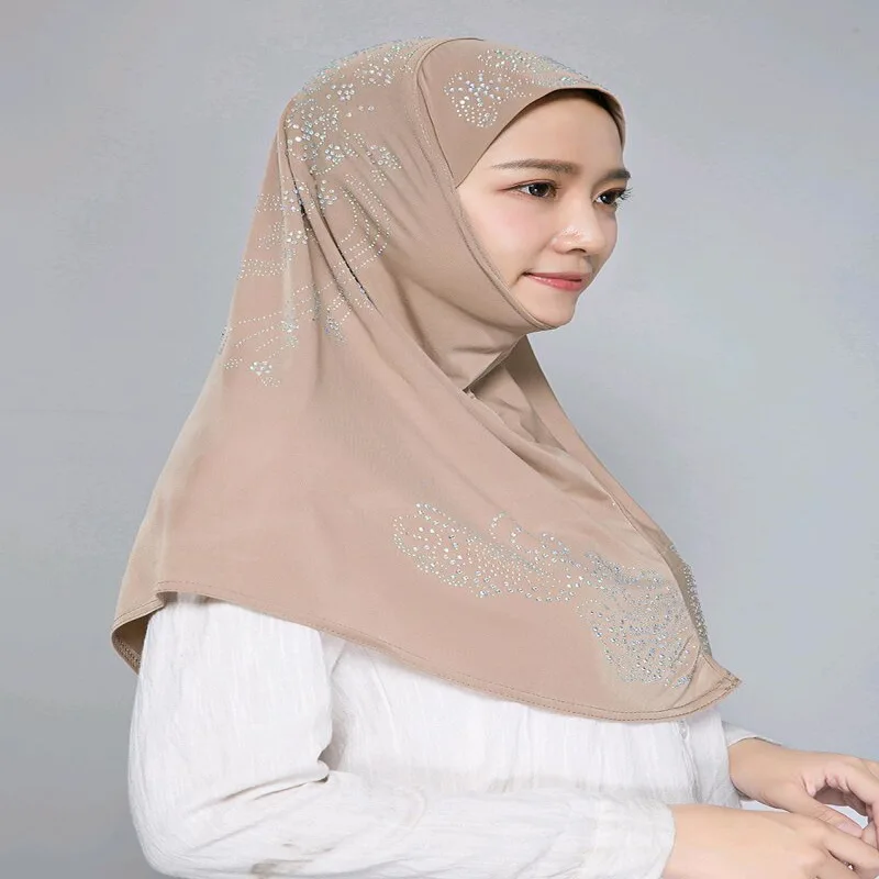

Casual Muslim Women's Girls Hat Hijabs Crystal Hemp Fabric Hot-fix Rhinestone Prayer Cap