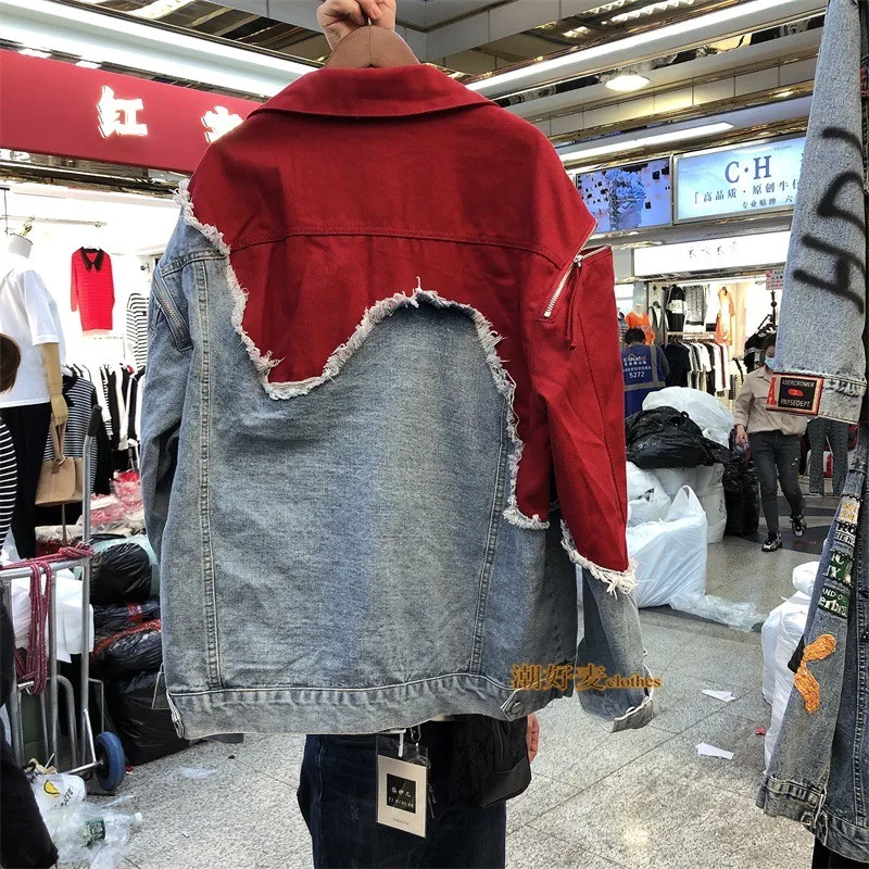 Red Spliced Ripped Denim Jacket Women Pocket Lapel Tassel Fashion Patchwork Jeans Jacket Spring Autumn Loose Jeans Coat Female