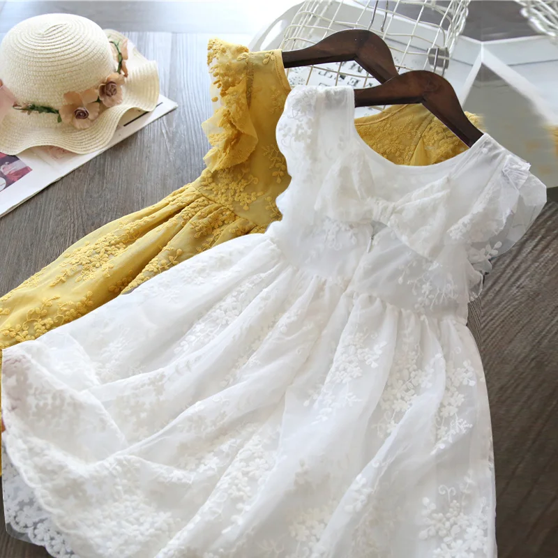 Elegant Girl Flower Lace Dress Kid White Bohemia Tulle Gown Cute Baby Girl Birthday Evening Party Princess Dress Children Clothe