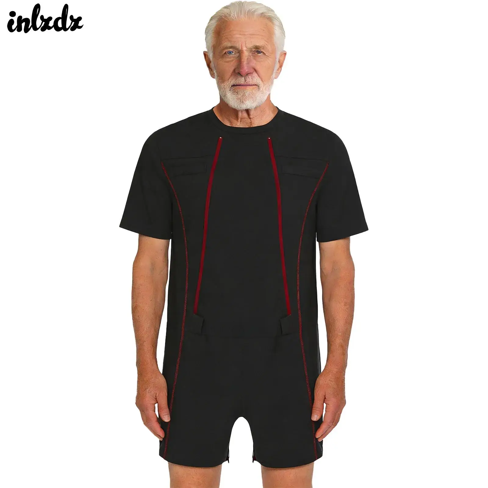 Mens Anti-strip Jumpsuit Elderly Patient Adaptive Bodysuit Front Double-zip And Zipper Crotch Short Sleeve Alzheimer Rompers
