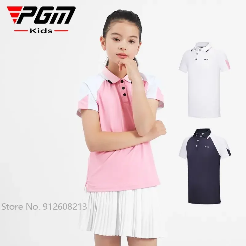 PGM Summer Girls Short-sleeved Golf T-shirt Children Contrast Color Kids Sports Tops Dry Fit Golf Clothing Breathable Shirt S-XL