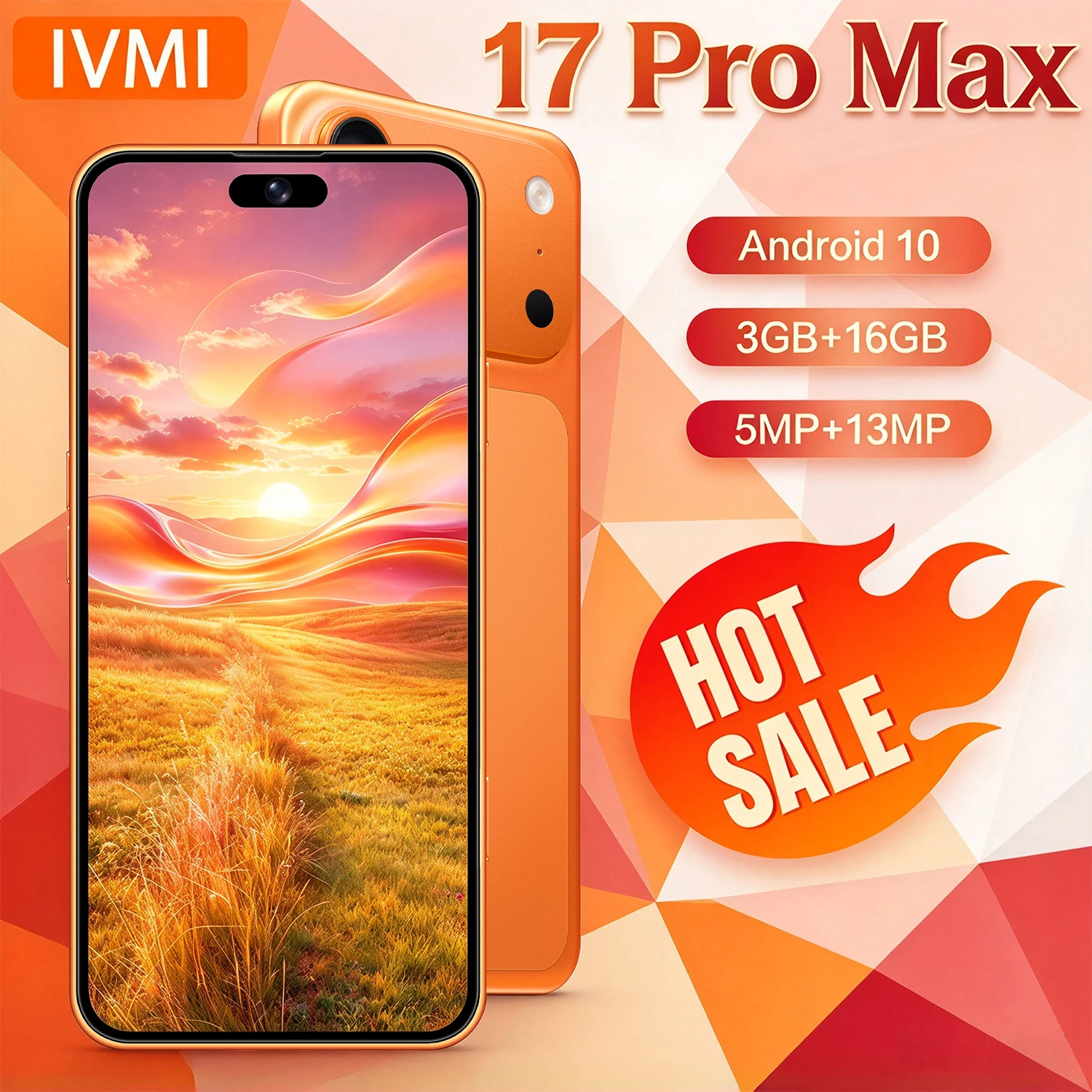 IVMI 17Pro Max Smartphone Android 6.7inch Screen 3+16GB 5+13MP 3500mAh Google Play Store GPS Face Unlock 4G Network Mobile Phone