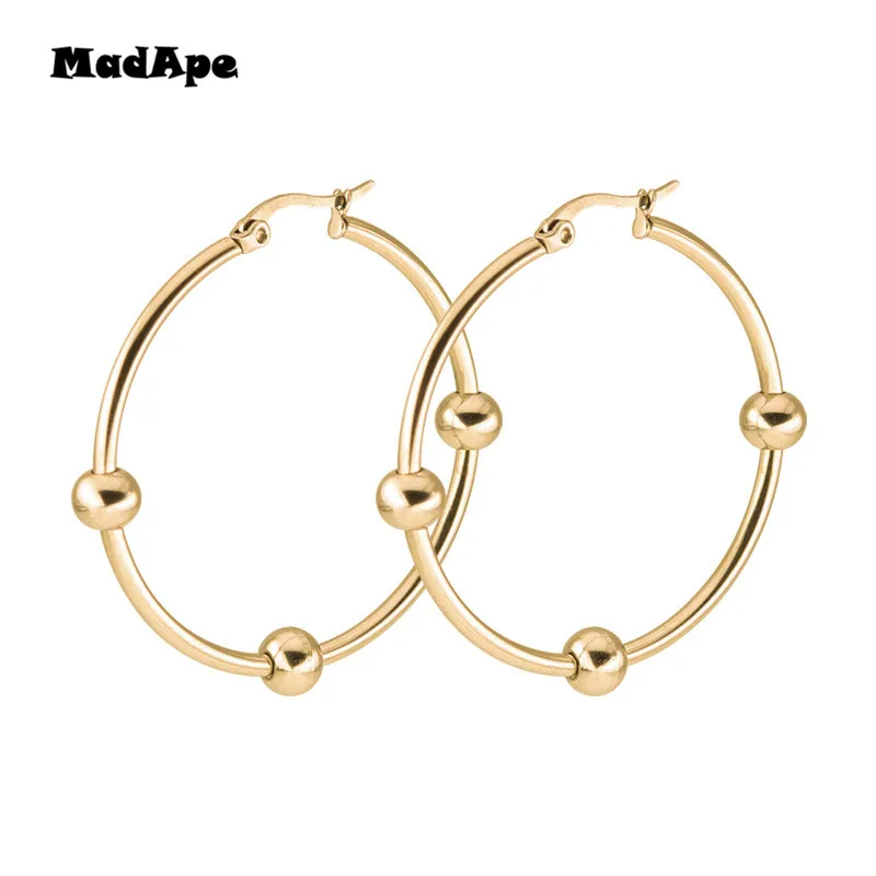 MadApe Simple Beads Round Hoop Earrings Stainless Steel Fashion Women Gold Color Ear Eircle Jewelry 4 Size Lady Gift Boucles