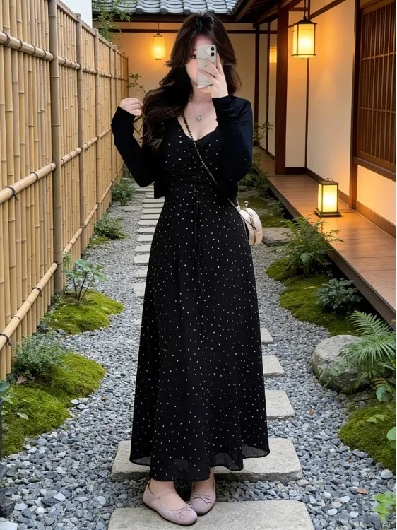 

plus Size V-Neck Polka Dot High Waist A-Line Beach Dress Women's Fashionable Slimming Print Casual Summer Long Sleeveless Dress