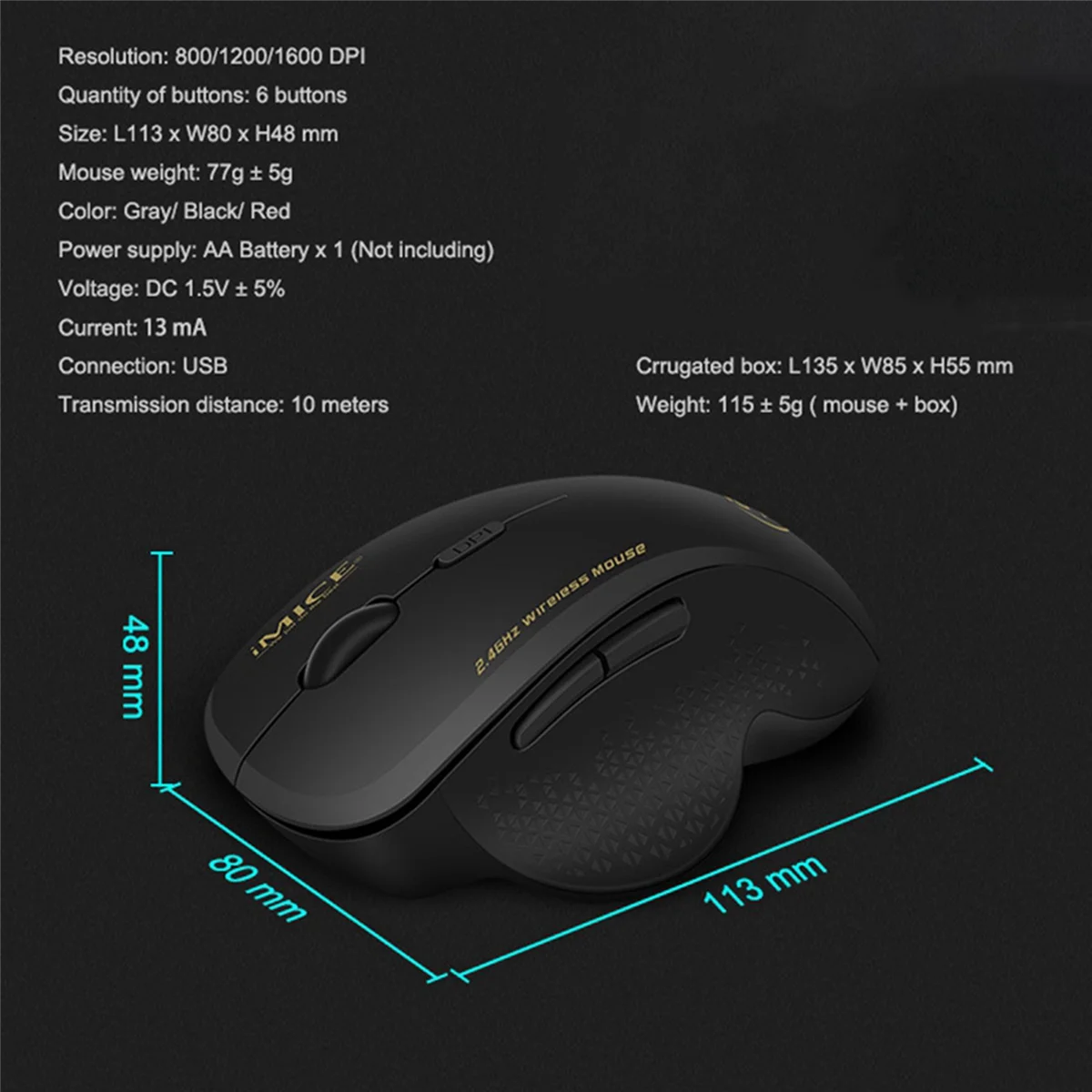 Mouse Ergonômico Sem Fio, 6 Teclas, LED, 1600 DPI, Carregamento de Computador, Ratos Gamer para Jogo FPS, 2 Pcs