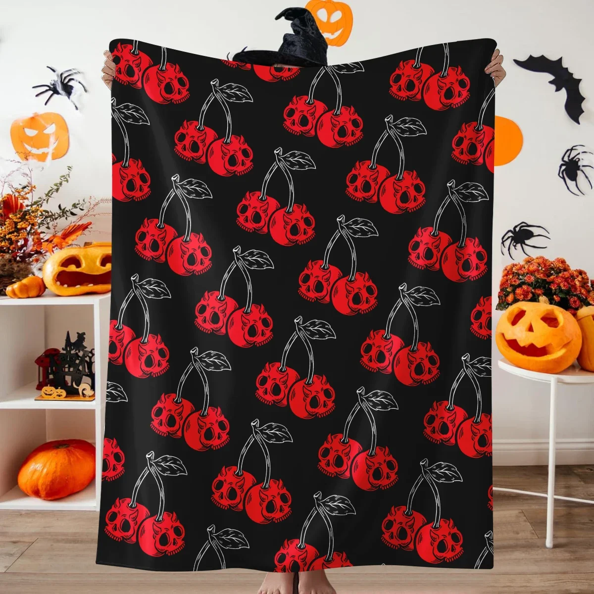 1pc Halloween skull orchid fleece blanket, terrifying cherry shaped skull print blanket, nap warm small cover blanket