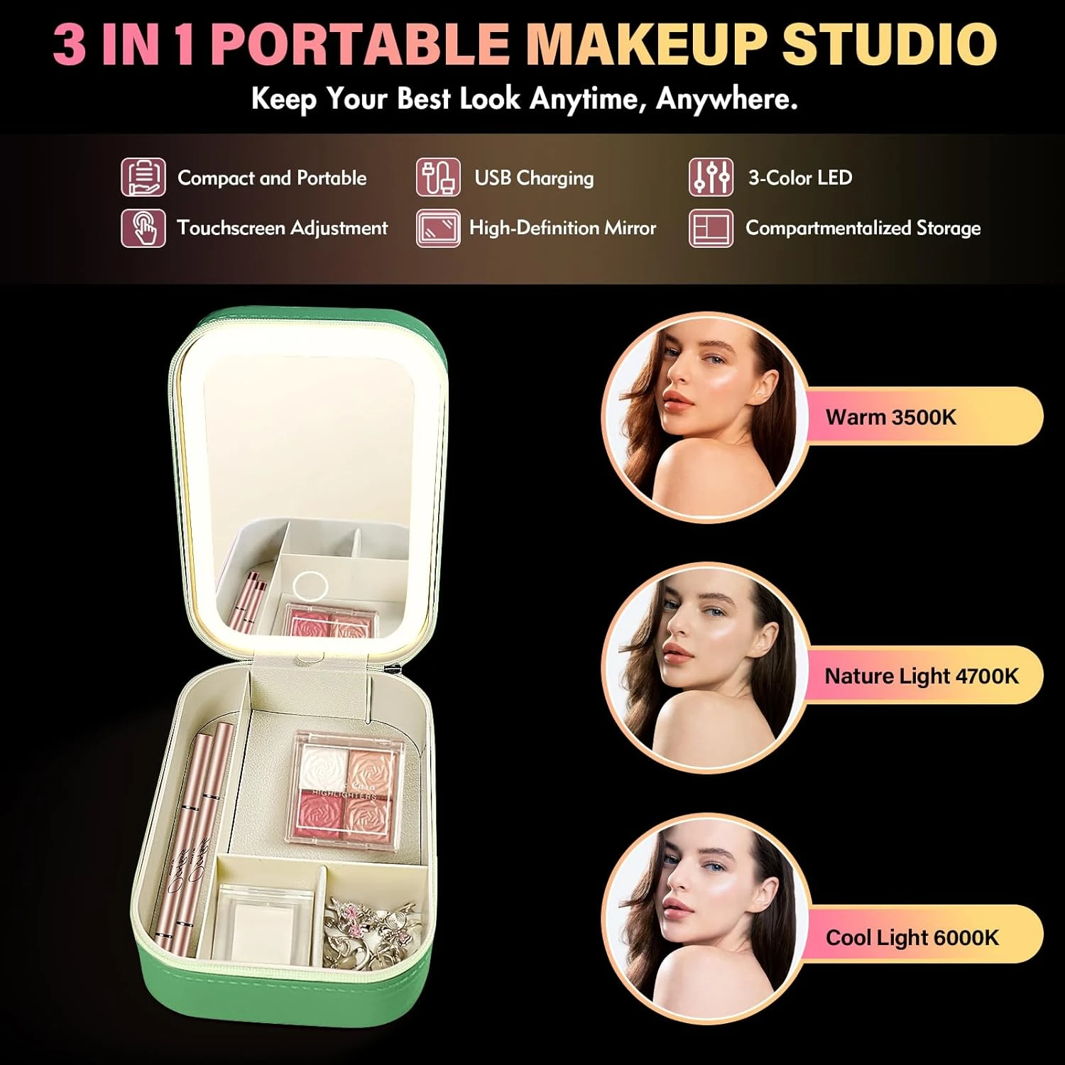 

Stylish, Portable, and Waterproof LED Makeup Bag with Dimmable Lighted Mirror - 3 Color LED Mirror Makeup Organizer Case - USB R