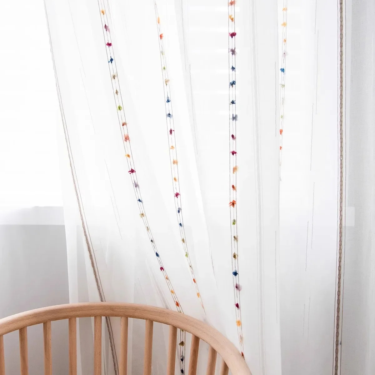 Nordic Vertical Colorful Stereoscopic Embroidered Line Bedroom Sheer Drape， Window Screens Tulle Curtains For Living Room Custom