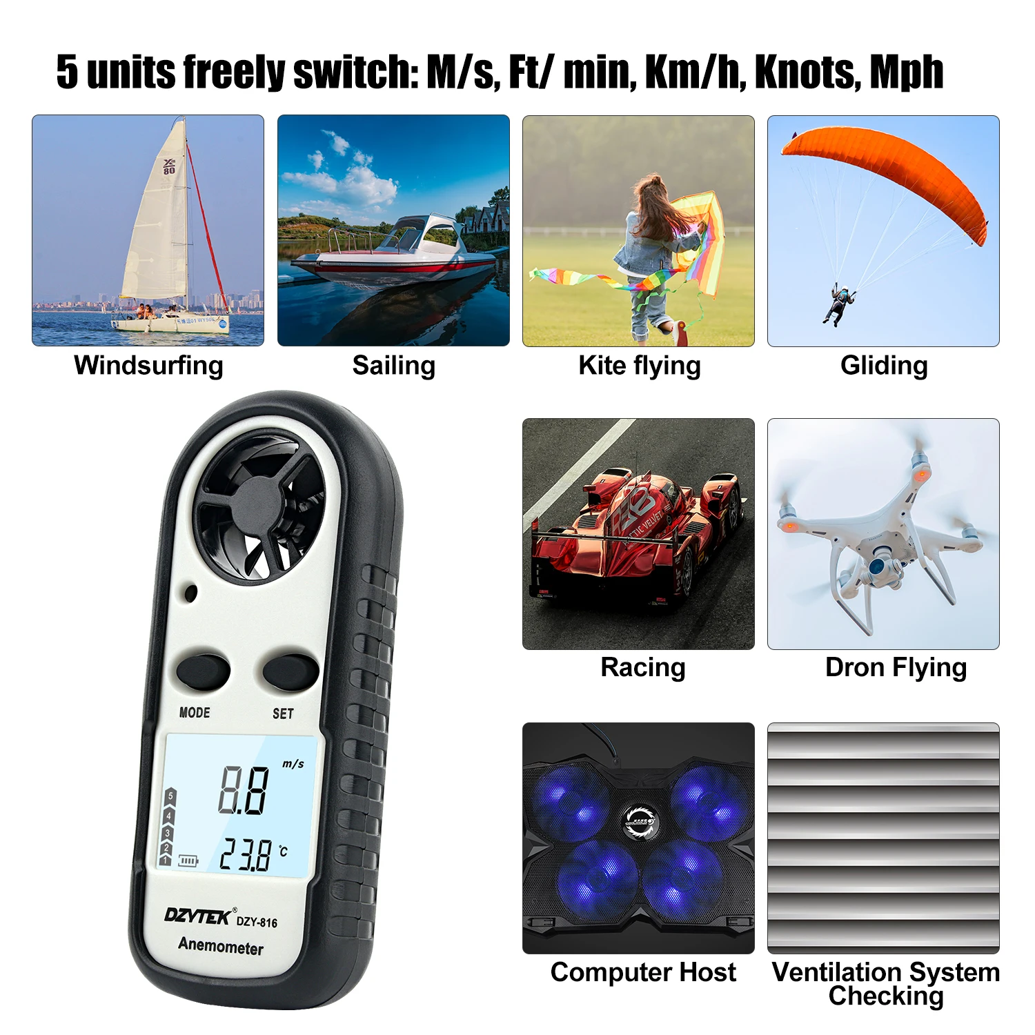 DZYTEK Anemometro portatile Mini misuratore di velocità del vento Anemometro Windmeter 0-30 m/s LCD strumento di misura portatile digitale