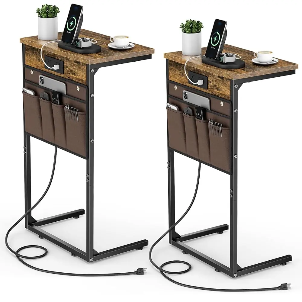 

C Shaped End Table With Charging Station, Set Of 2, 28"" Tall Side For Couch, Small Slide Under Sofa With Storage Bag For Small