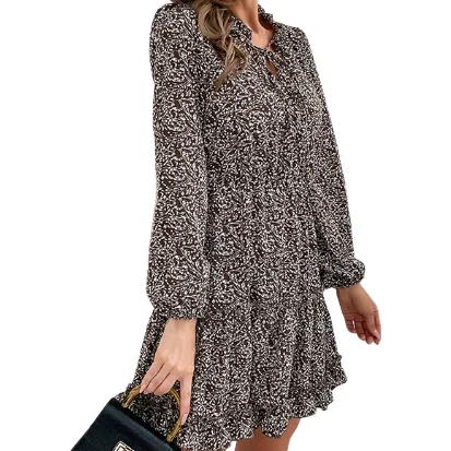 

Long Sleeve Black Fungus Edge Printed Dress for Women In Autumn Temperament Commuting Women's High Waist Elegant A-Line Dresses