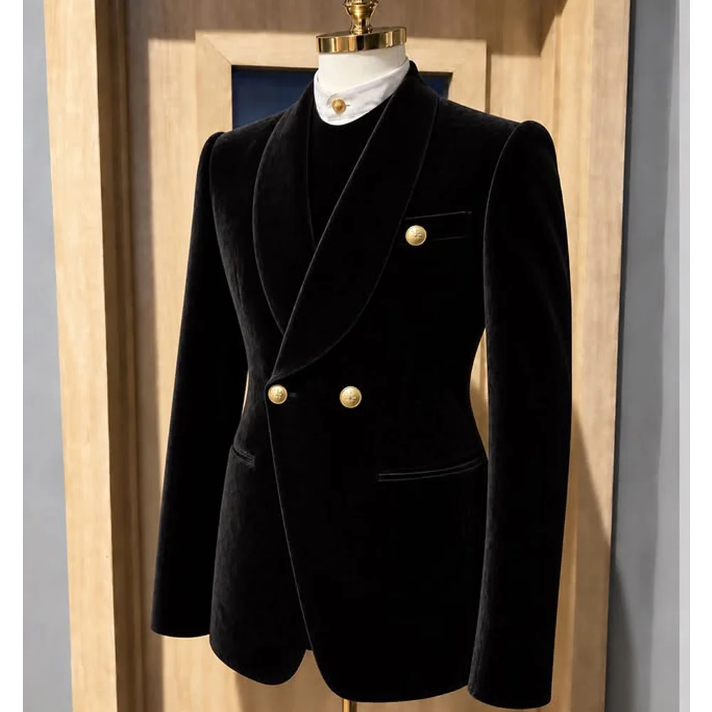 Men's Black Velvet Double Breasted Suit Blazer Shawl Lapel Tuxedo Jacket Slim Fit Luxury Wedding Party Prom Groom Coat with Gold
