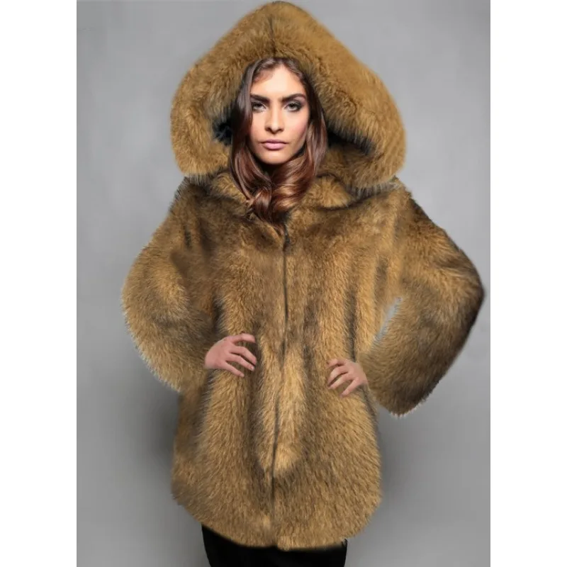 Luxury Brand Fur Coats Women Winter Hooded Long Faux Fur Jacket Thickened Long Sleeve Warm Streetwear Fox Fur Chic Coat