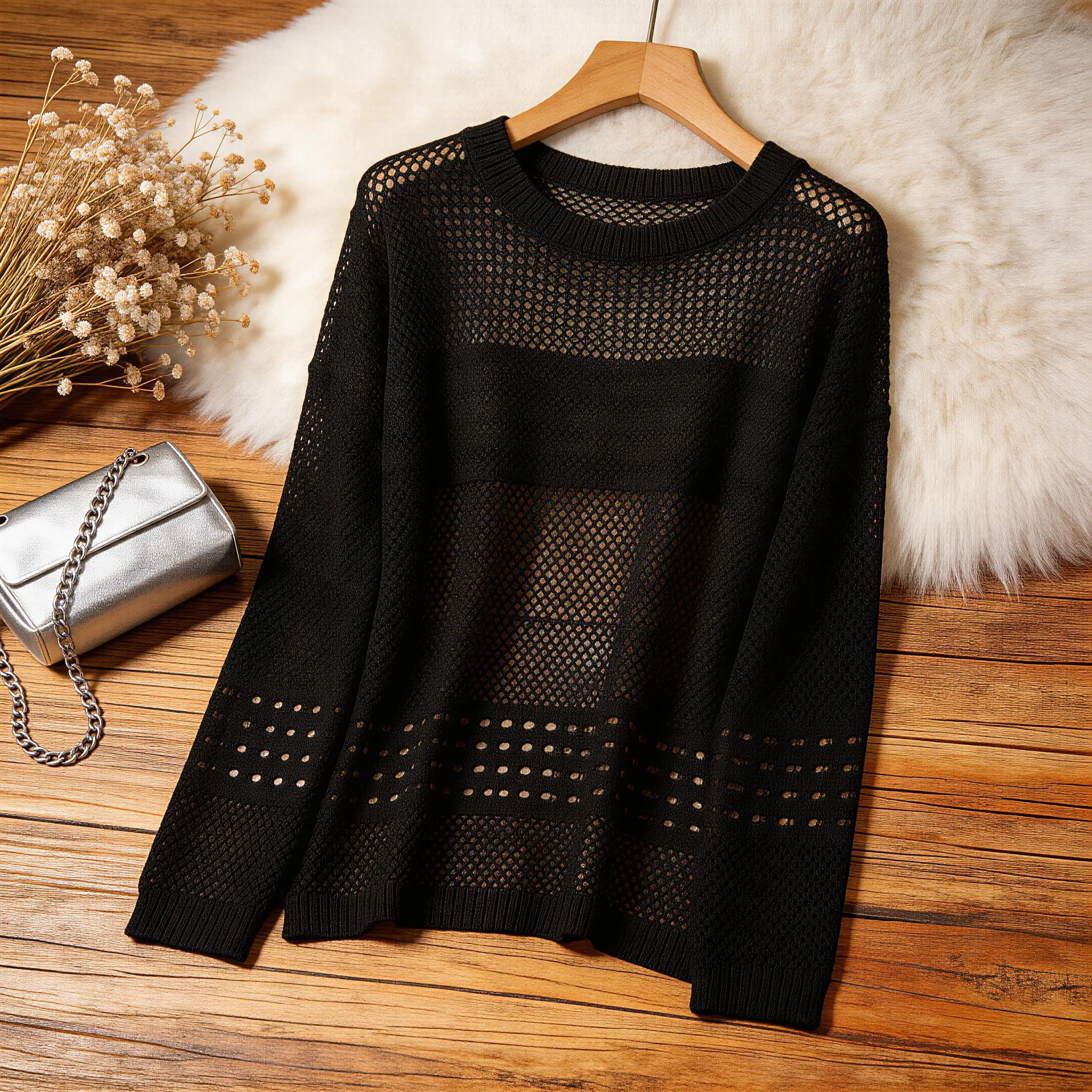 Beach Vacation Style Summer Women's Black Plus Size Hollow Out Knitted Top