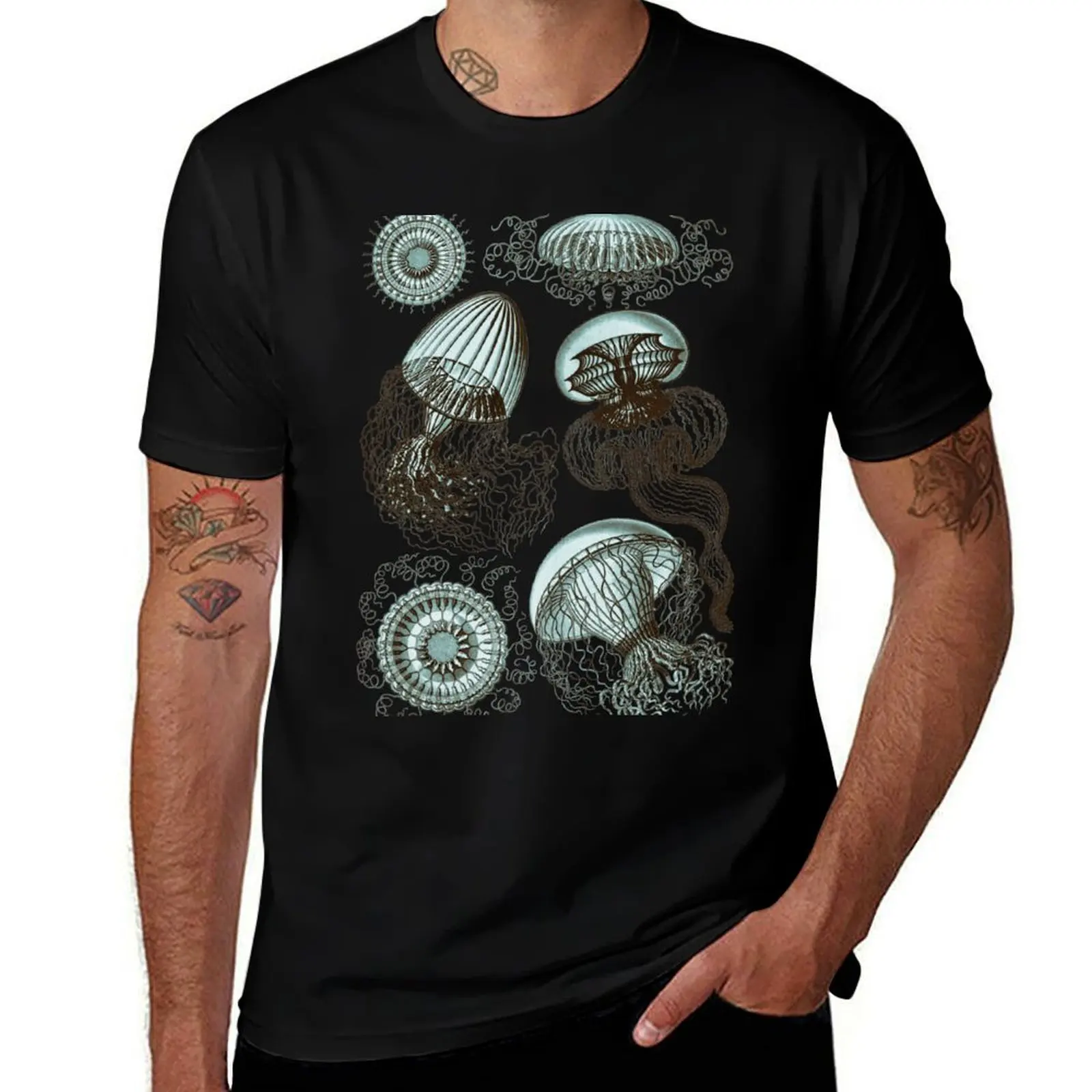 Ernst Haeckel Jellyfish Leptomedusae Brown Teal T-Shirt Lightweight Sport Basic T-Shirt