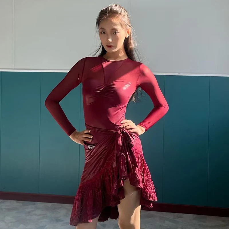 

Latin Dance Fringe Dress Women Competition Dress Wine Red Tops Tassel Skirt Cha Cha Rumba Dance Clothes Performance Wear NV22556