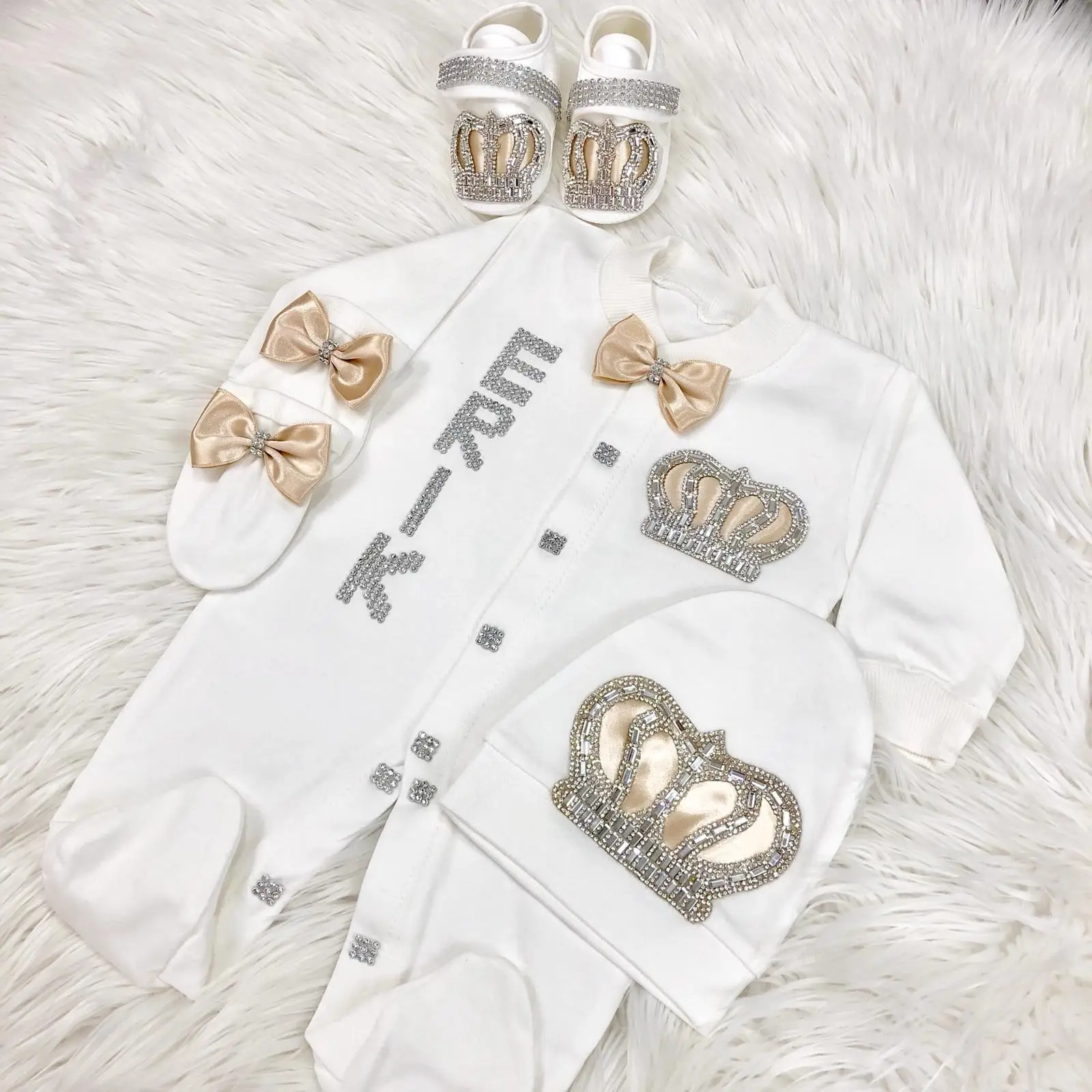 Dollbling Champage Newborn Baby Personalized Outfits 4 Pieces Origin Turkey Welcome Home Hospital Crown Jewelry Romper Set