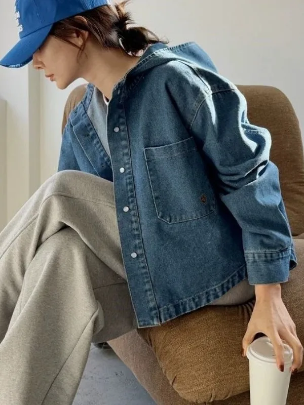 

Джинсовая куртка с талией в стиле ретро, женская свободная посадка с капюшоном для похудения Personali спереди или Ba, длинное пальто, верхняя часть тела, хлопковое повседневное