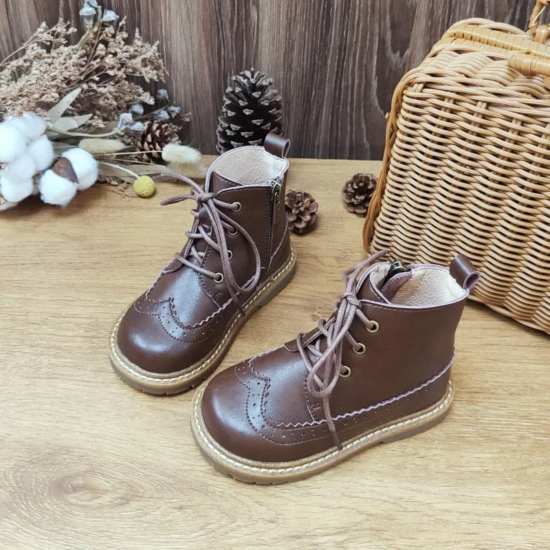 Genuine Leather Children's Martin Boots for Autumn 2024, New Comfortable and Casual with Plush Leather Boots, Non Slip Soft Sole