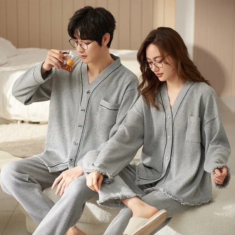 Spring and Autumn Long-sleeved Korean Cardigan Cotton Sleepwear Two-piece Set Casual V-neck Couples Pajamas Women Pajama Man