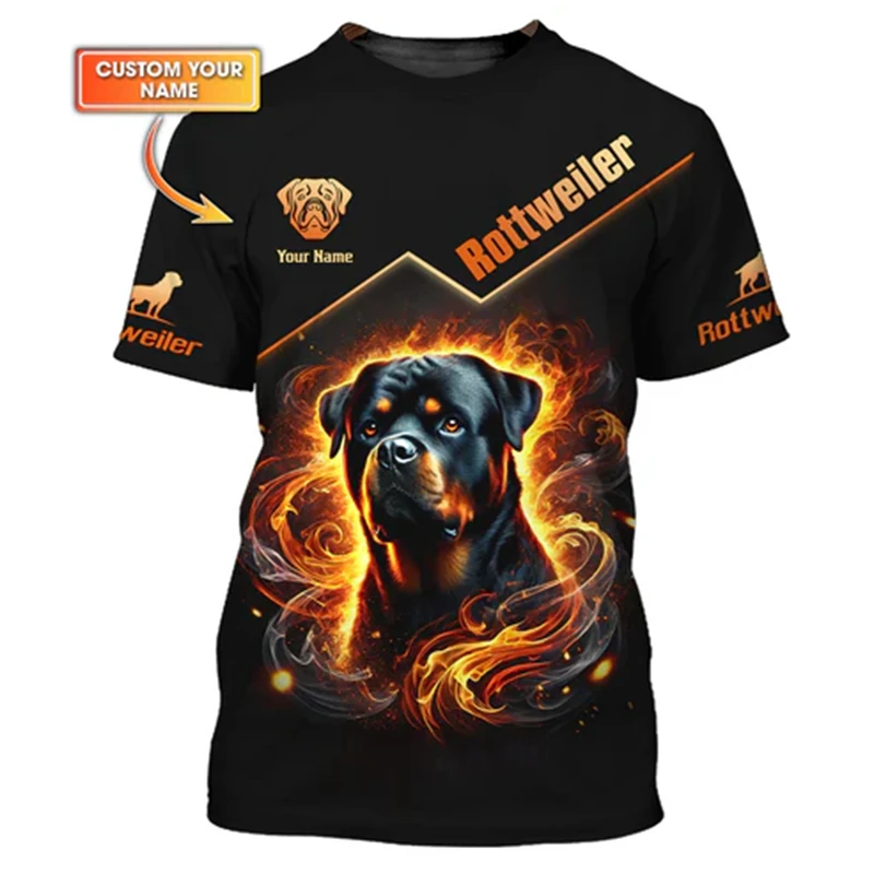 

Custom Name Short Sleeve T-Shirt 3D Print Rottweiler Graphic Loose Casual Top Men's Women's Cute Dogs Pattern Round Neck Clothes