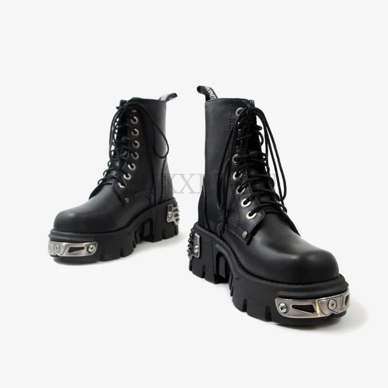 Punk Style Platform Women Ankle Boots Women\'s Motorcycle Boot Fashion Ladies Chunky Shoes Metal Decor Black BIG Size