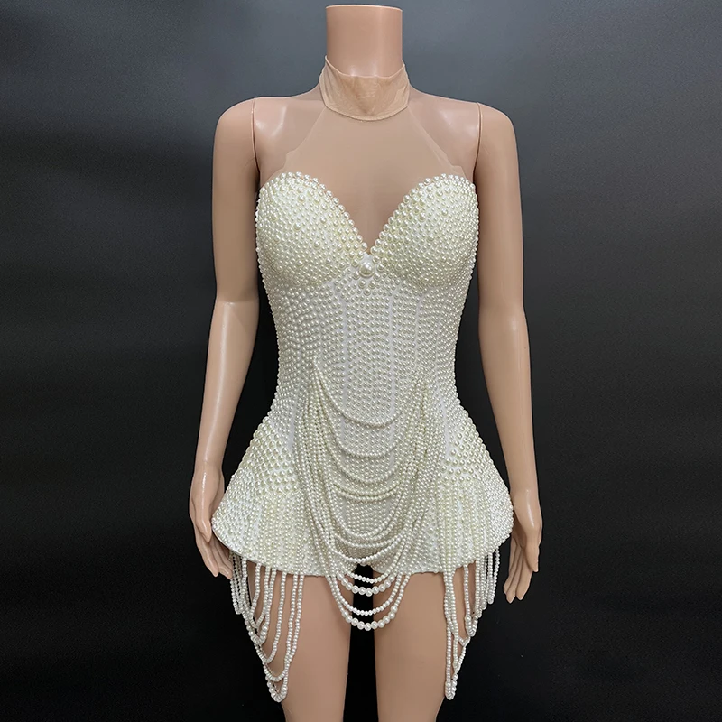 

Stage Wear White Pearls Beading Bodysuit Jazz Dance Costume Evening Nightclub Bar Show Prom Birthday Outfit Women Singer Clothes