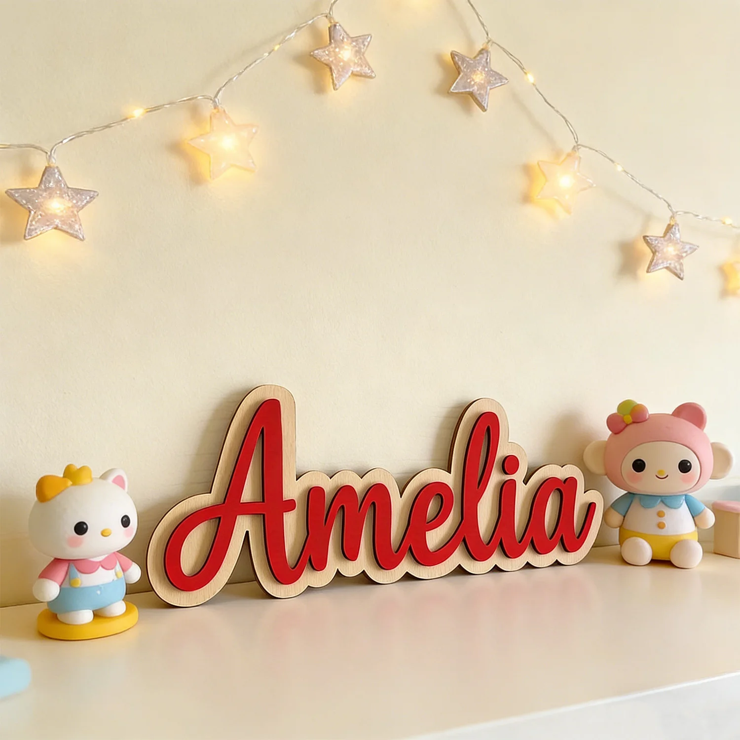 1pc Customized Double-layer Wooden Surname Brand, Customized Gift, Children's Room Decoration, Baby Name Identification view 2