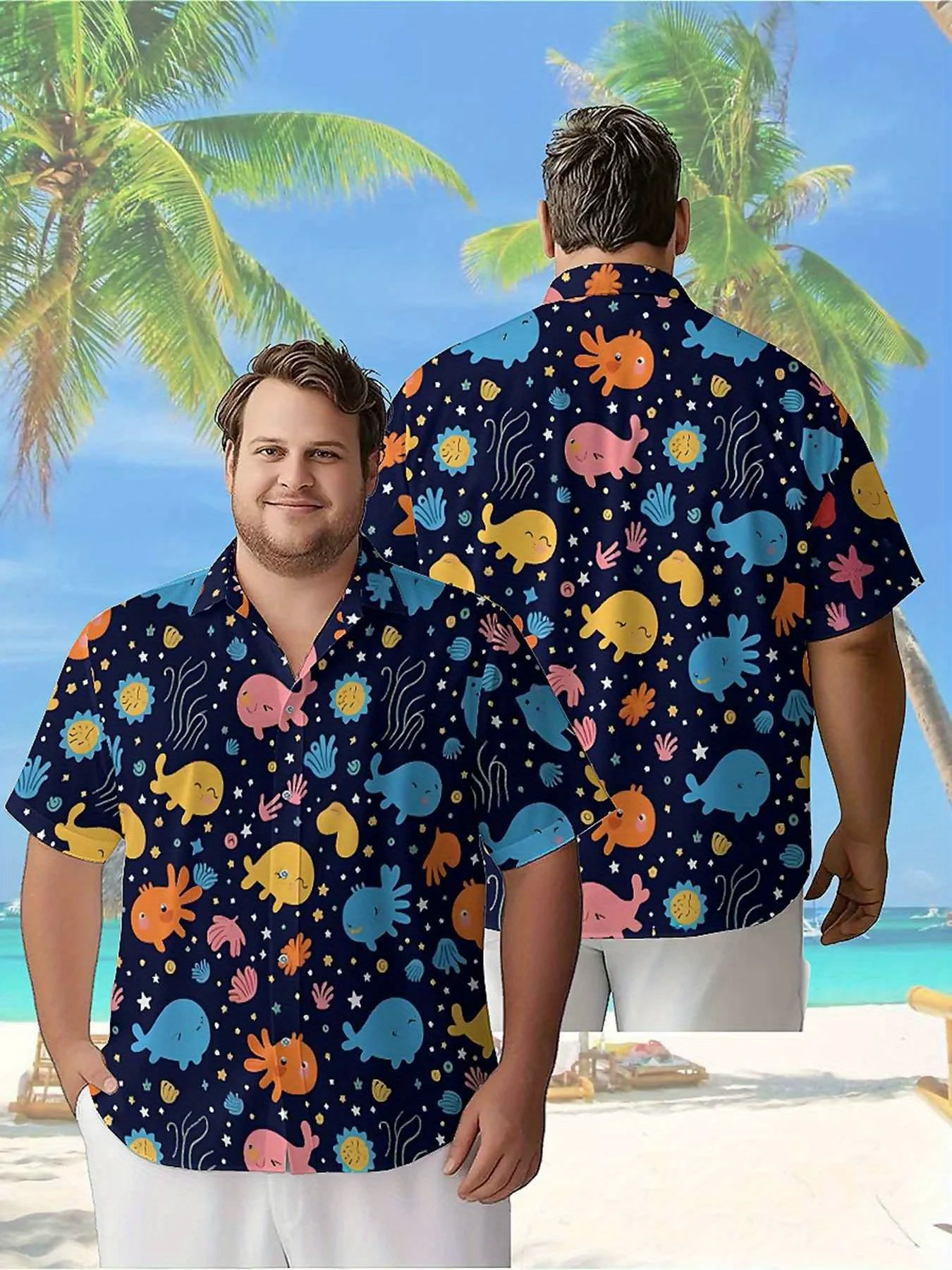 

Men's Plus Size Hawaiian Shirts Colorful Whales and Corals pattern, Button Up Shirts, Unisex Casual Clothing, Summer Tops