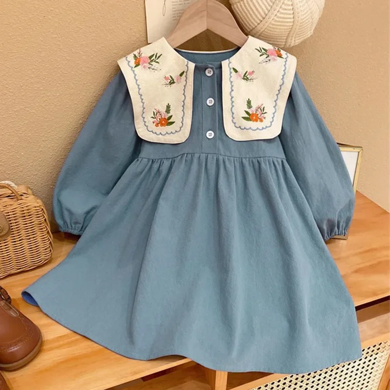 Kids Dresses Spring and Autumn Girls New Style Flip Collar Embroidered Sweet Korean Childrens Dress Long Sleeved Princess Dress