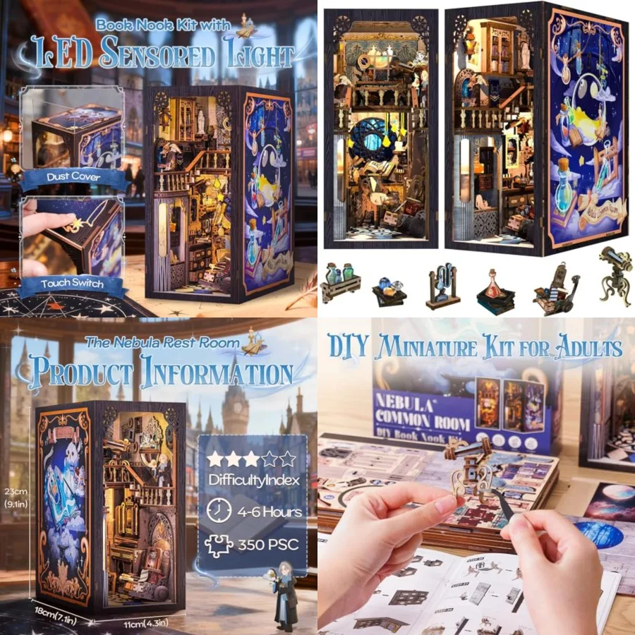 

Book Nook Kit, Bookshelf 3D Wooden Puzzles for Adults DIY Booknook Miniature Decorative Bookends with Light and Dust Cover Gift